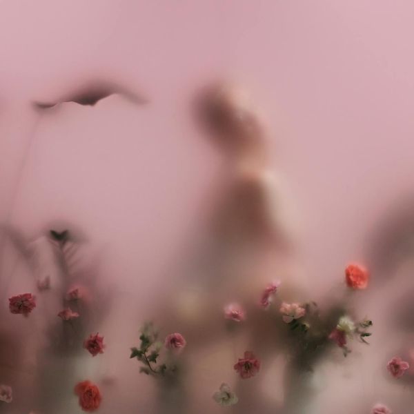 Silhouette of a person against a subtle pink mist background.